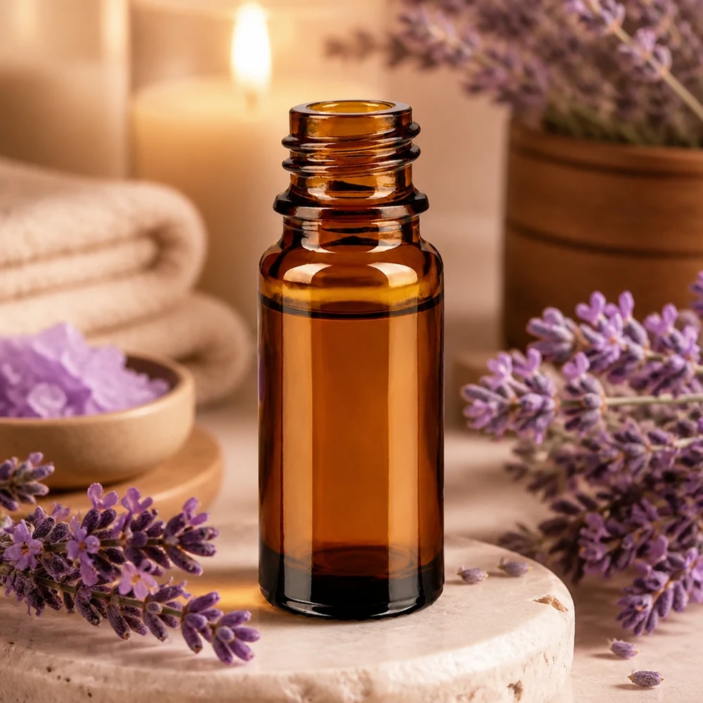 Flacon compte-gouttes 10 ml DIN18 - verre brun Bouteille de pharmacie brune de 10ml ApoGlas avec lavande et accessoires de bien-être dans un environnement spa relaxant