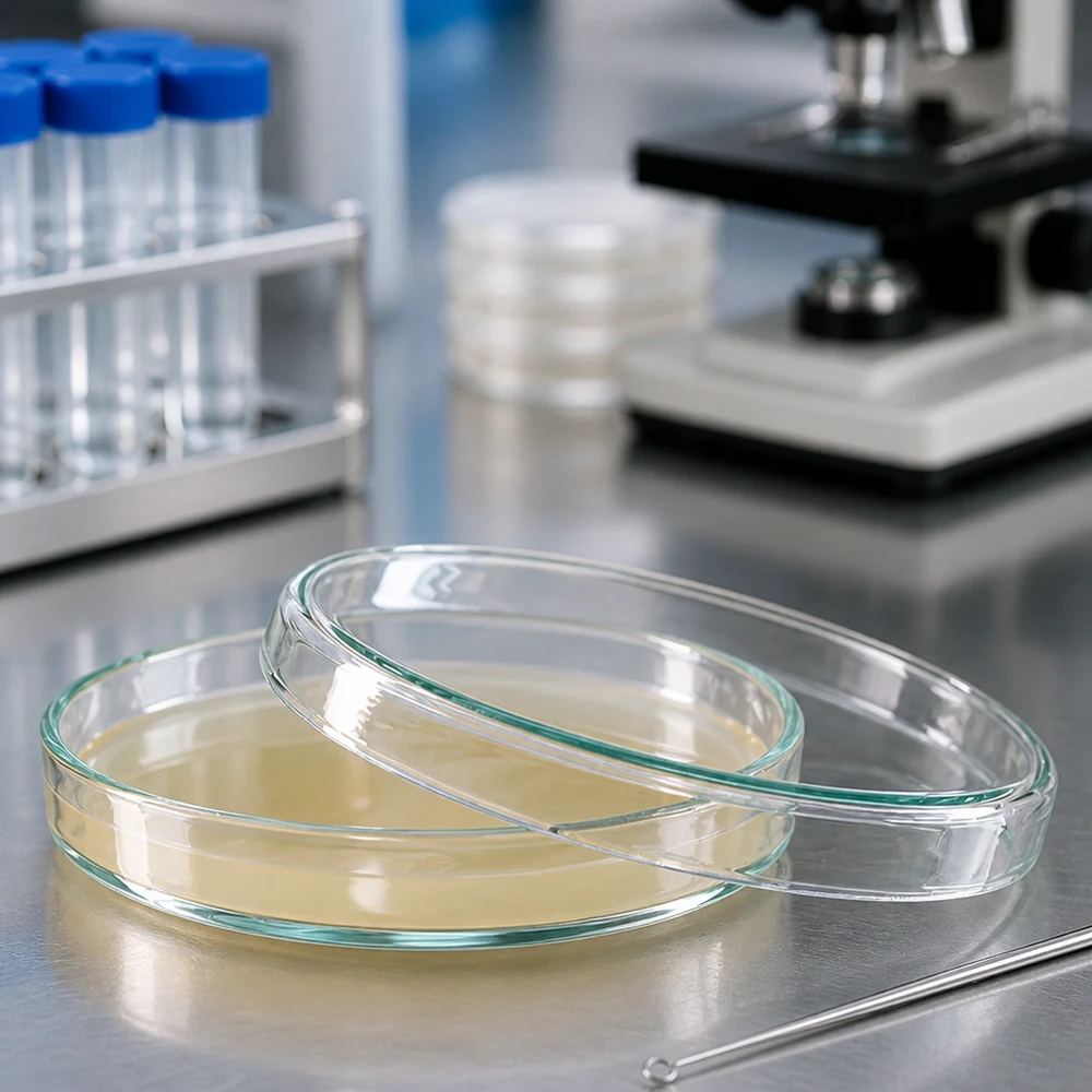 Boîte de Pétri de 90 x 15 mm en verre transparent, remplie d'agar nutritif jaunâtre, posée sur une surface en acier inoxydable