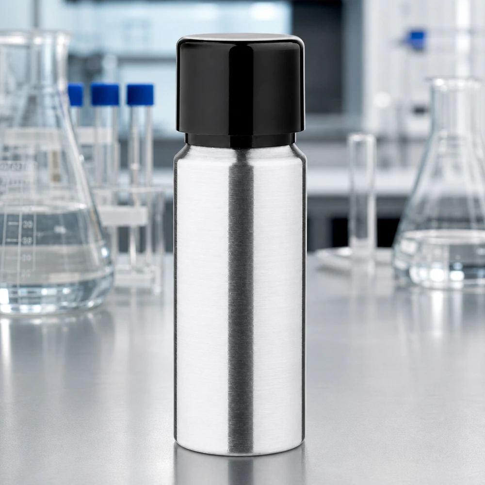 Bouteille en aluminium argentée de 20 ml avec surface de finition polie et système de fermeture anti-fuite
