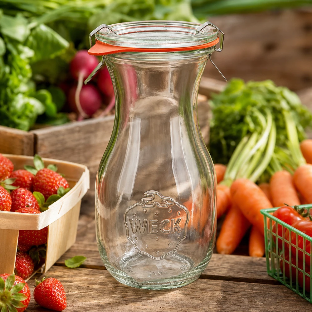 WECK Bouteille de jus 290ml RR60 vide avec bouchon à étrier entre des fruits et légumes frais sur une table en bois rustique