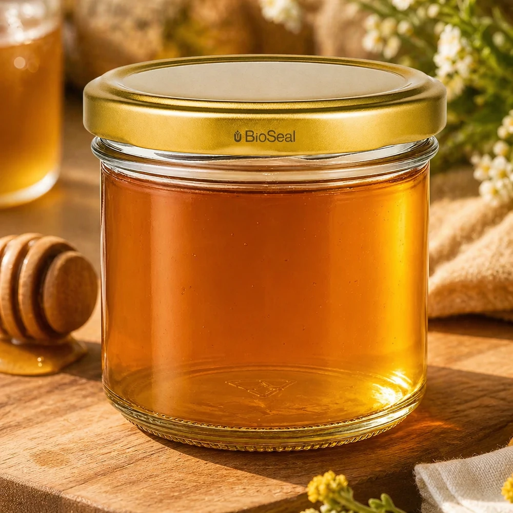 UNiTWIST Pot renversé 125ml rempli de miel - couvercle TO66 BioSeal doré sur planche en bois avec cuillère à miel