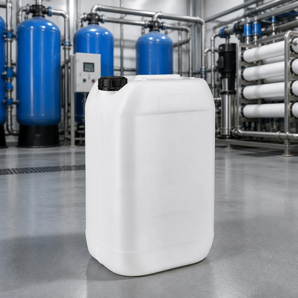 Jerrican de 15 litres avec bouchon à vis Bidon vide de 15 litres muni d'un bouchon d'origine, devant une station de traitement industriel de l'eau