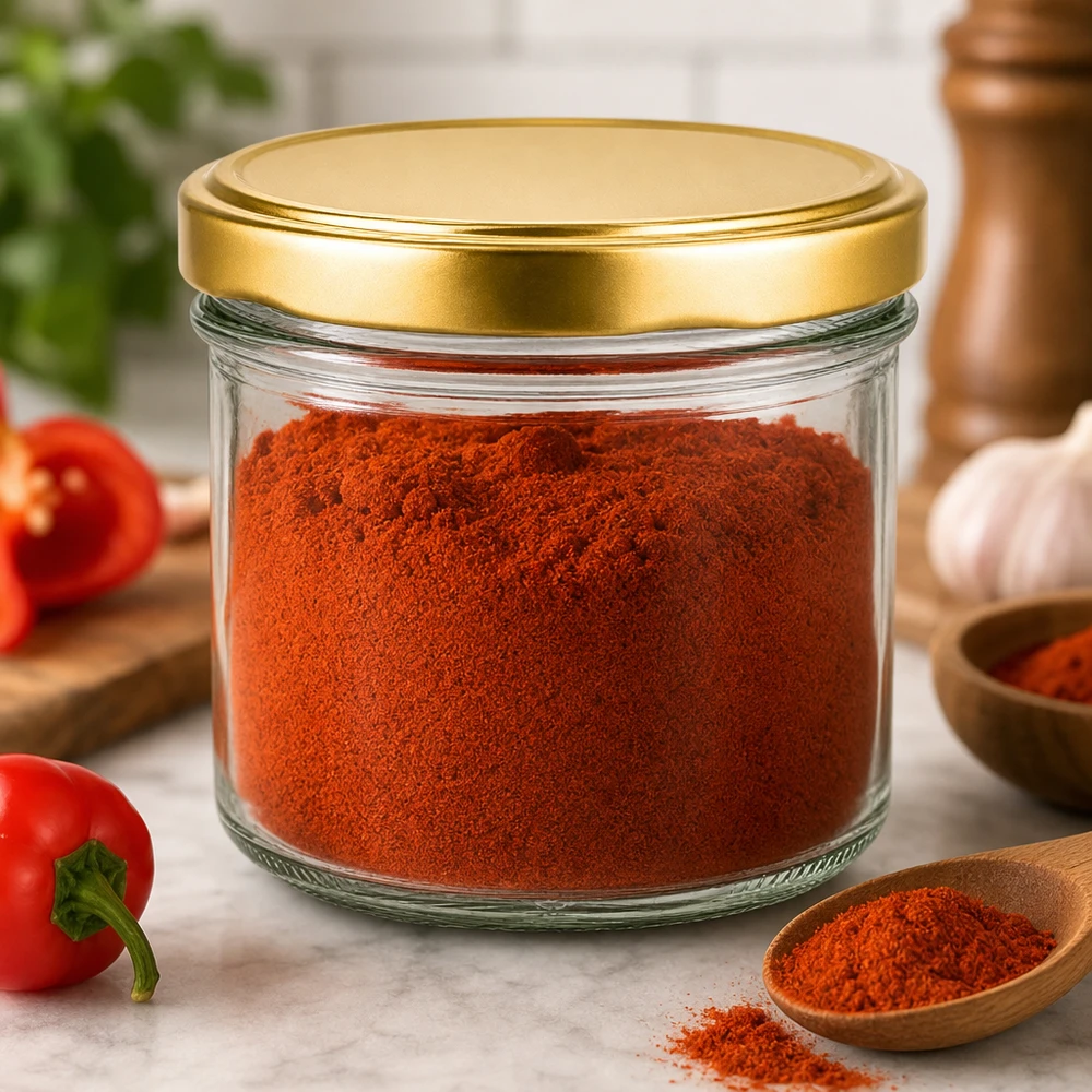 225ml Verre conique avec couvercle BasicSeal or UNiTWIST 225ml pot renversé UNiTWIST doré rempli de poudre de paprika rouge dans la cuisine - pot à épices pour la conservation