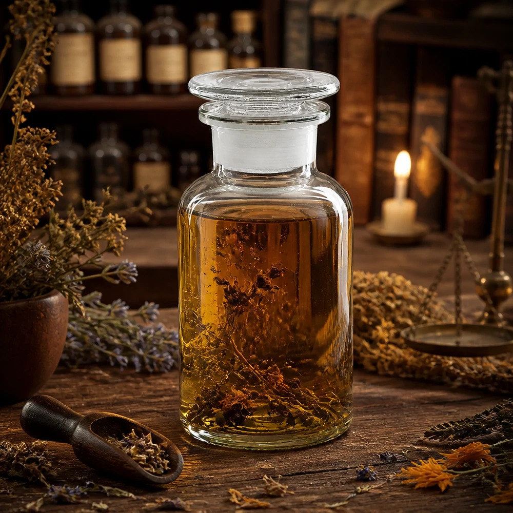 Flacon pharmaceutique 250 ml col large + bouchon verre clair Bouteille à col large et à épaules arrondies, 250 ml, transparente, avec bouchon en verre, remplie d'extrait de plantes