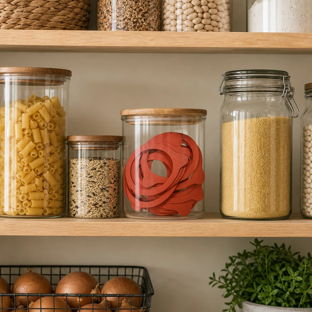 Anneau de mise en conserve en caoutchouc naturel RR100 Rote Einkochringe RR100 in Vorratsglas mit Holzdeckel zwischen Küchen-Vorräten auf modernen Holzregalen