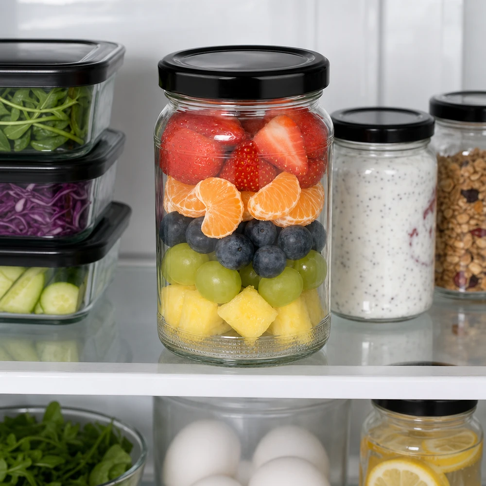 110ml Verre rond avec couvercle BasicSeal noir UNiTWIST UNiTWIST Rundglas 110ml mit geschichtetem Obstsalat im Kühlschrank neben Vorratsgläsern mit schwarzem TO48 Deckel