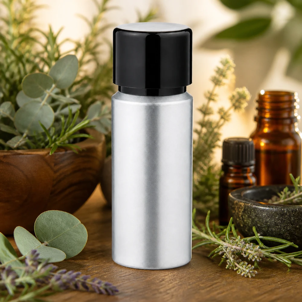Bouteille en aluminium teinté 20 ml, avec bouchon à vis noir et joint conique Bouteille en aluminium de 20 ml à la construction robuste - parfaite pour les liquides délicats