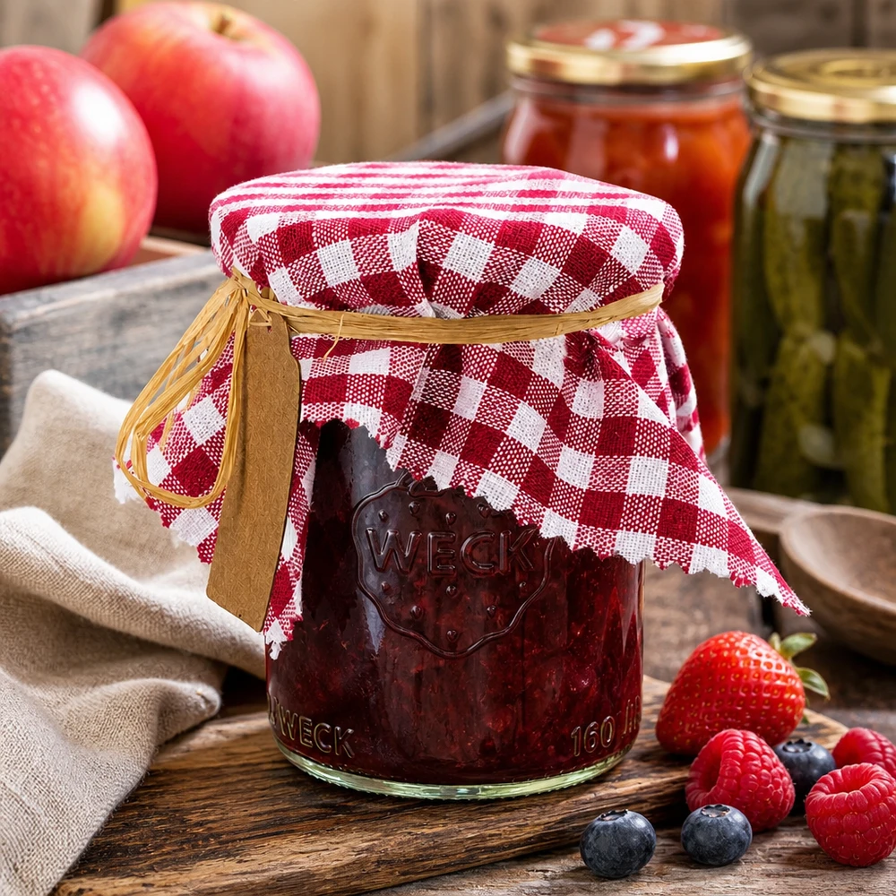 Napperon en tissu à carreaux bordeaux sur pot de confiture avec baies et pommes fraîches dans une cuisine rustique
