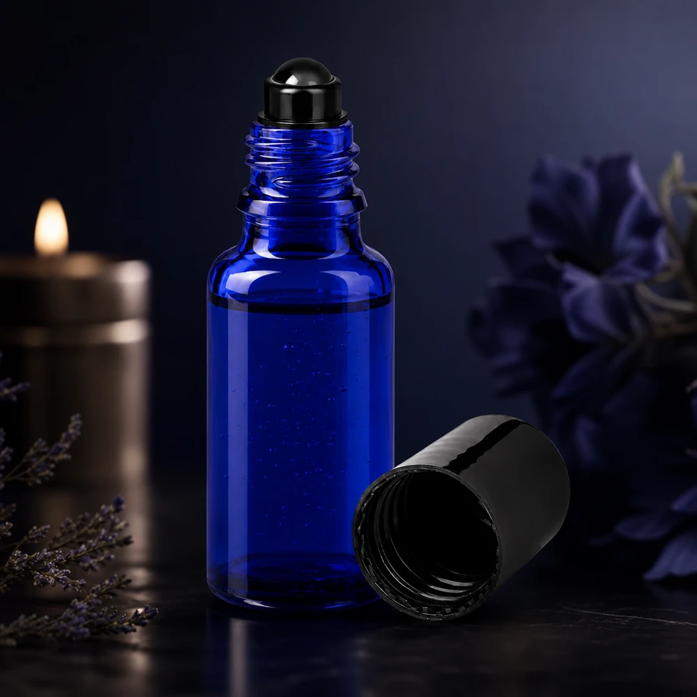 Petit flacon de pharmacie bleu de 20 ml, muni d'un applicateur à bille et d'un bouchon noir amovible