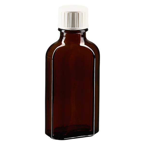 Flasque brune de 50 ml au goulot DIN 22, avec bouchon à vis DIN 22 blanc et bague anti-gouttes