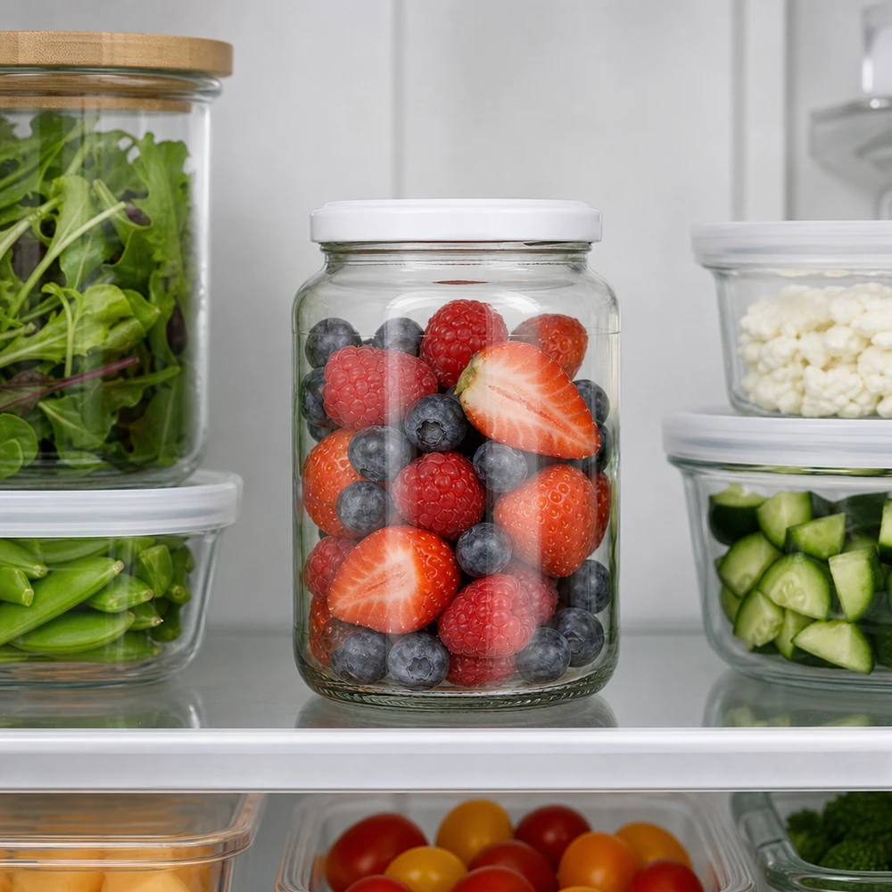 Bocal rond de 1700 ml avec couvercle BasicSeal dans le réfrigérateur pour la conservation des baies fraîches Fruits et légumes