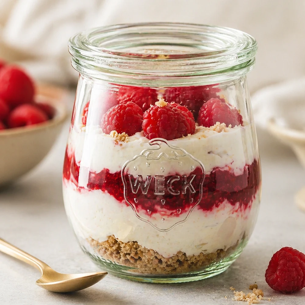 Bocal en forme de tulipe de 220 ml avec couvercle en verre WECK RR60 WECK Verre tulipe 220ml RR60 comme verre à dessert rempli de framboises et de crème à côté d'une cuillère dorée sur une table en marbre