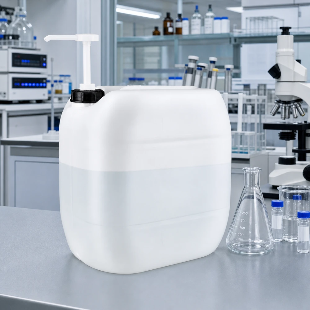 Jerrican de 30 litres avec pompe doseuse Bidon rectangulaire en PEHD de 30 litres équipé d'une pompe doseuse dans un laboratoire moderne