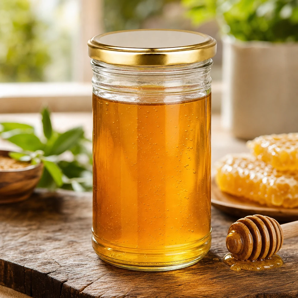 Miel en pot de 1053 ml avec couvercle doré BasicSeal à côté du pot de miel et du rayon de miel sur une table en bois.