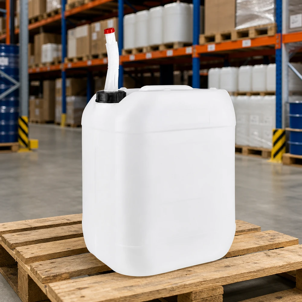 Bidon 20 litres avec tuyau d'écoulement Flex Bidon empilable de 20 litres avec bec verseur flexible, sur palette en bois, en stock