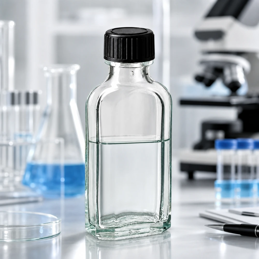 Flacon Meplat transparent de 50 ml avec joint d'étanchéité LKD, destiné à un environnement de laboratoire professionnel équipé d'un microscope