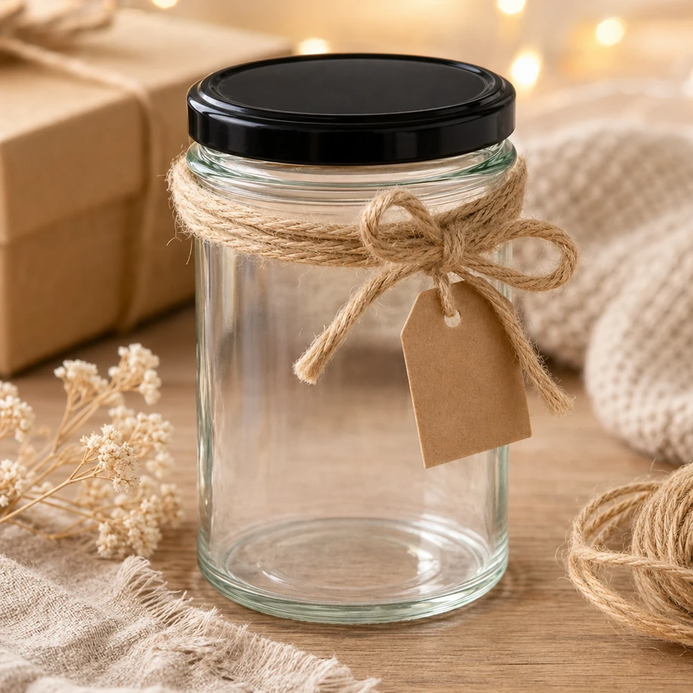 230ml verre renversé avec couvercle noir et corde de jute emballage cadeau décoration rustique projet de bricolage