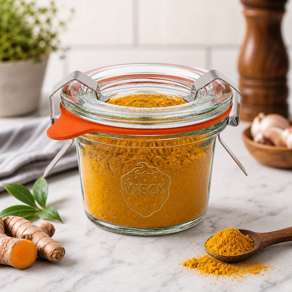 35ml bocal conique complet WECK RR40 WECK Pot de 35ml RR40 rempli de curcuma à côté de gingembre frais montre la conservation d'épices et d'herbes aromatiques