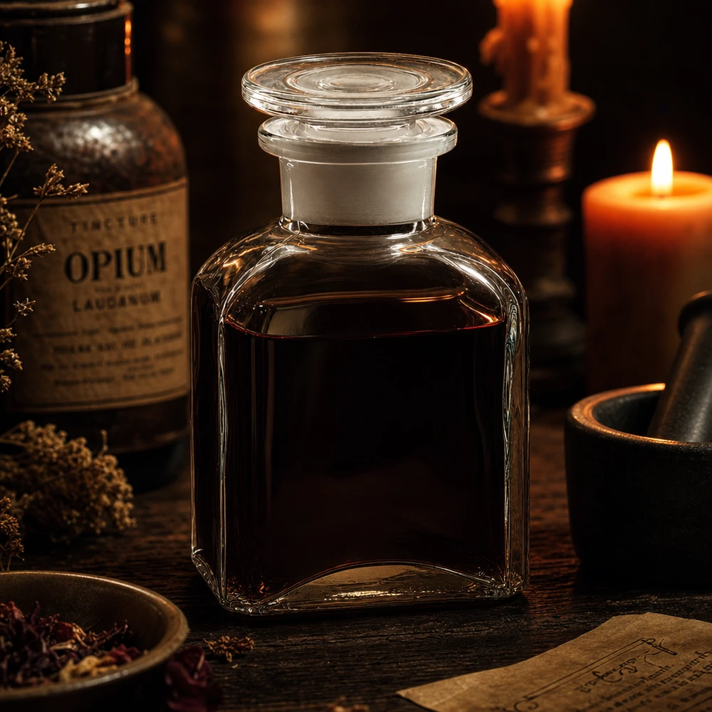 Flacon de pharmacie historique de 150 ml, transparent, de forme carrée, avec bouchon en verre, pour teintures et remèdes