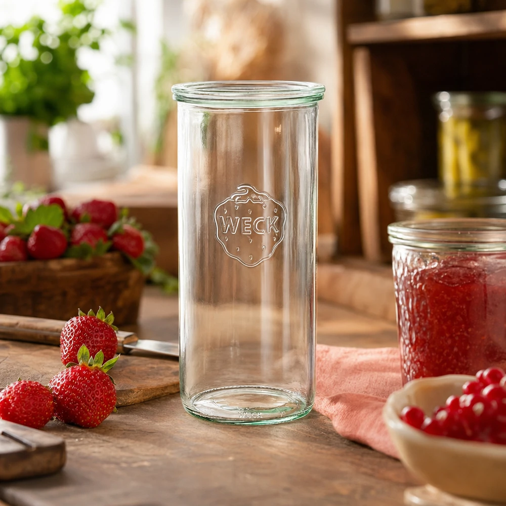 1500ml bocal conique avec bouchon en verre WECK RR100 WECK Pot renversé de 1500ml RR100 dans une cuisine rustique avec des fraises fraîches et de la confiture comme décoration
