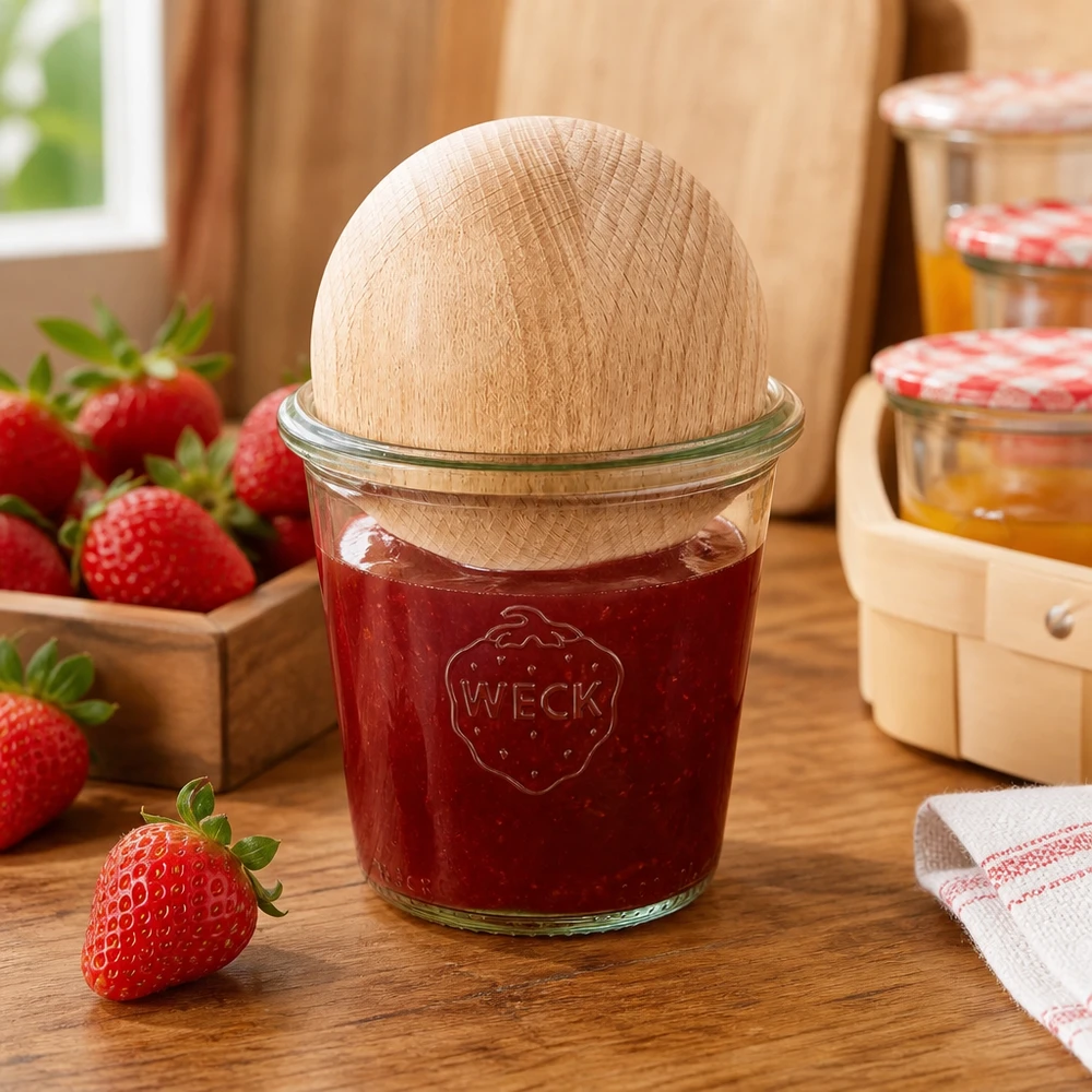290ml bocal conique haut WECK RR80 avec boule en bois en hêtre WECK Pot de conserve 290ml RR80 rempli de confiture de fraise et bouchon boule en bois en hêtre dans Cuisine
