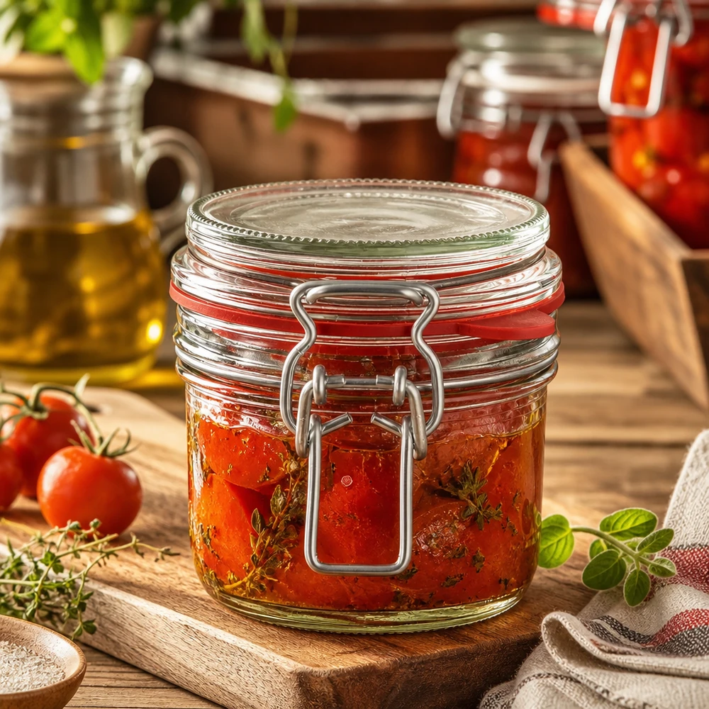 Bocal de conservation de 255 ml, type G, avec bouchon à clip UN.. Einmachglas 255ml gefüllt mit eingelegten Tomaten und Kräutern, rustikale Küchendeko auf Holzbrett mit frischen Zutaten