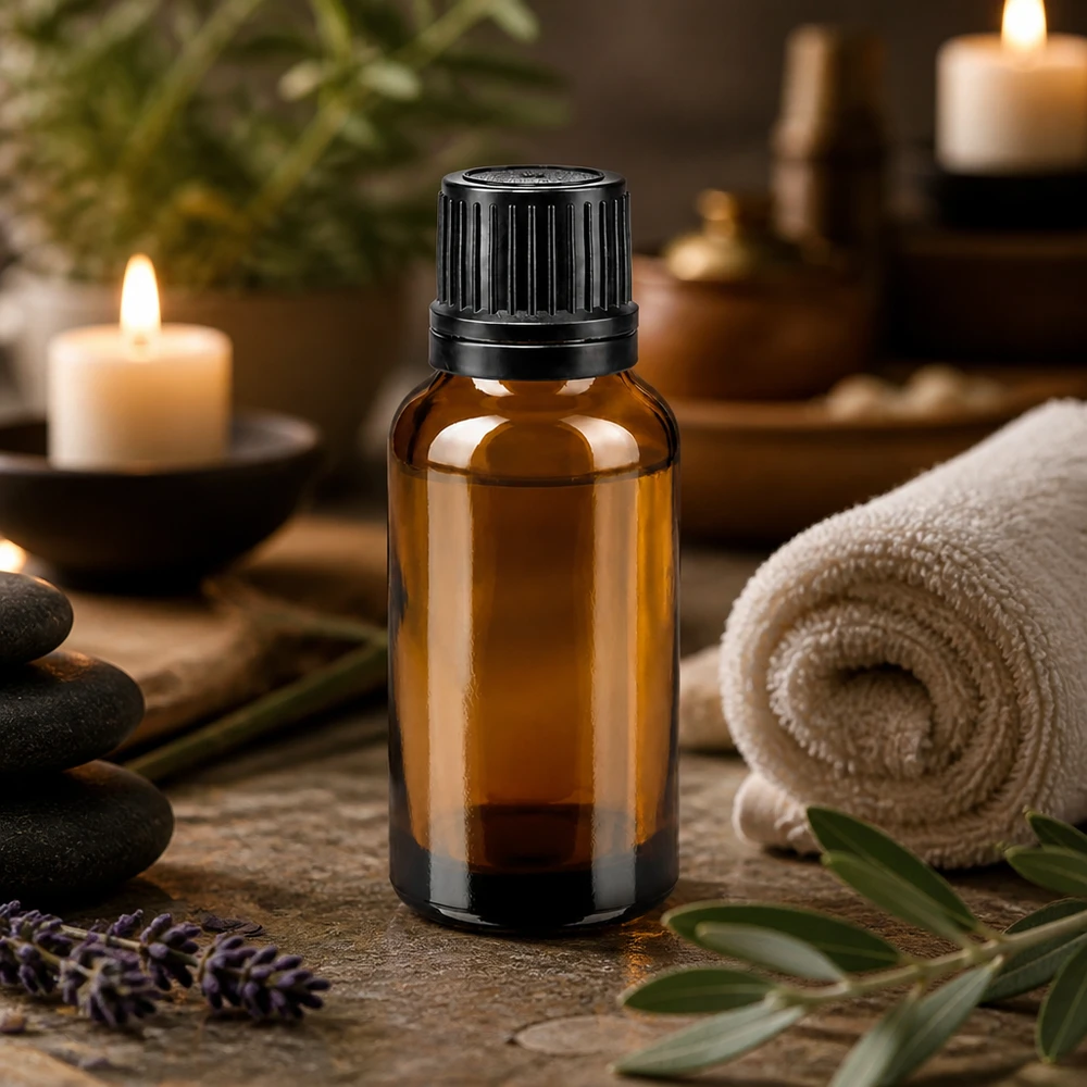 Flacon en verre de 20 ml couleur ambre avec bouchon noir rainuré, pour une ambiance spa d'aromathérapie