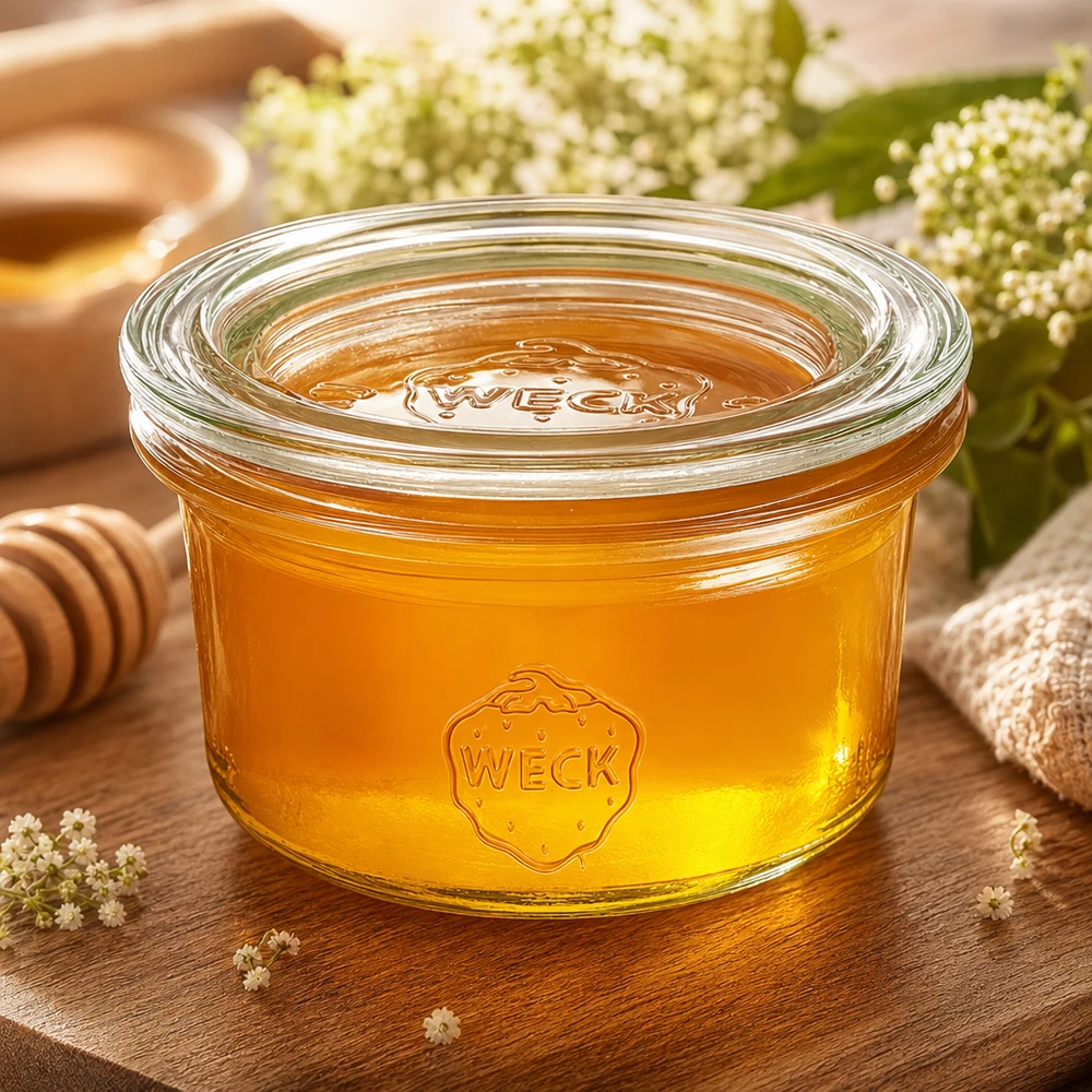 50ml bocal conique avec bouchon en verre WECK RR60 WECK Pot de 50ml rempli de miel à côté d'une cuillère à miel et de fleurs sur une table en bois rustique présentée de manière naturelle