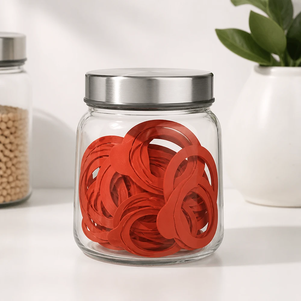 Anneau de mise en conserve en caoutchouc naturel RR60 Anneaux de mise en conserve RR60 caoutchouc naturel orange dans boîte en verre avec couvercle métallique cuisine blanche moderne conservation anneaux d'étanchéité