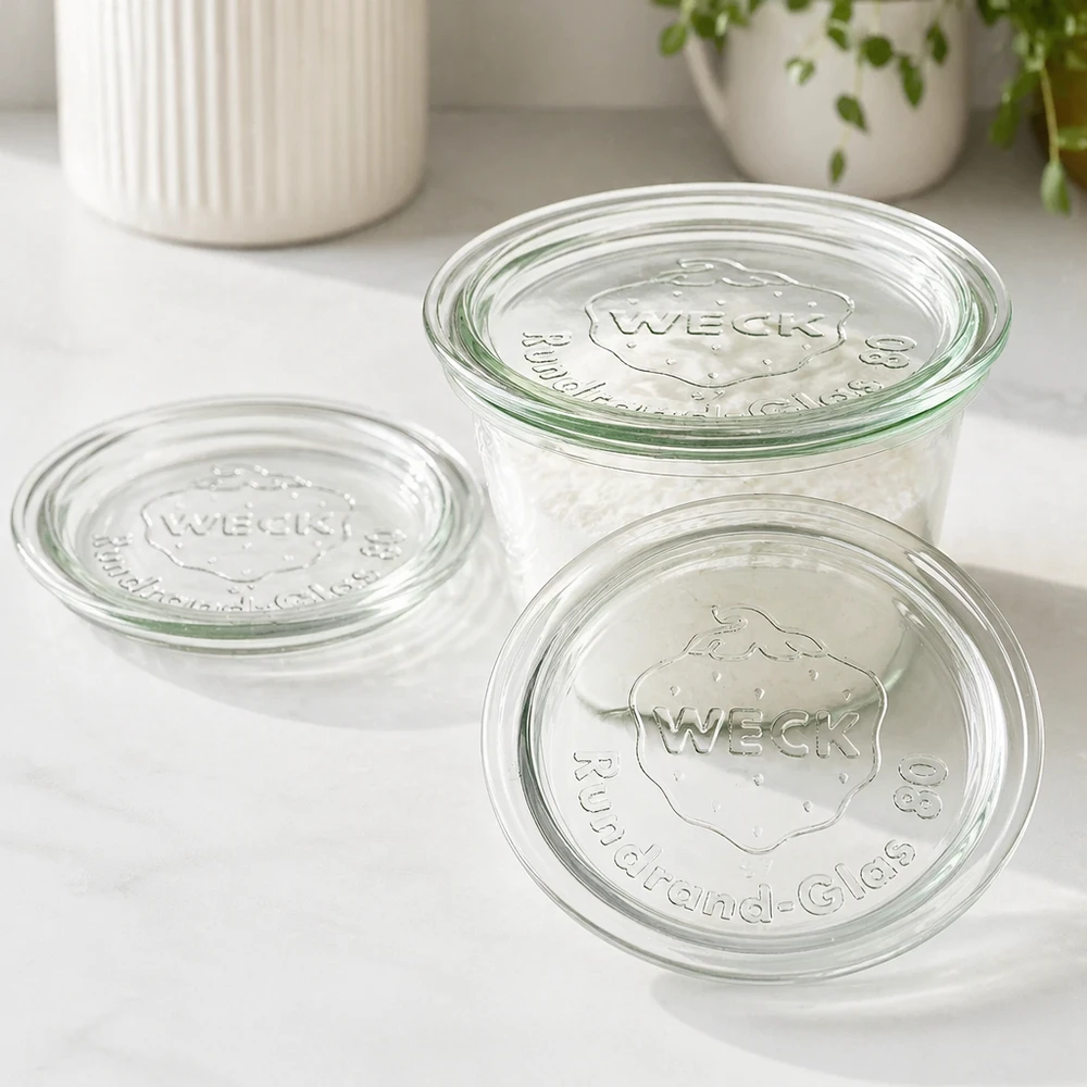 WECK Glasdeckel RR80 Set mit drei Deckeln auf weißer Oberfläche in moderner Küche für stylische Aufbewahrung