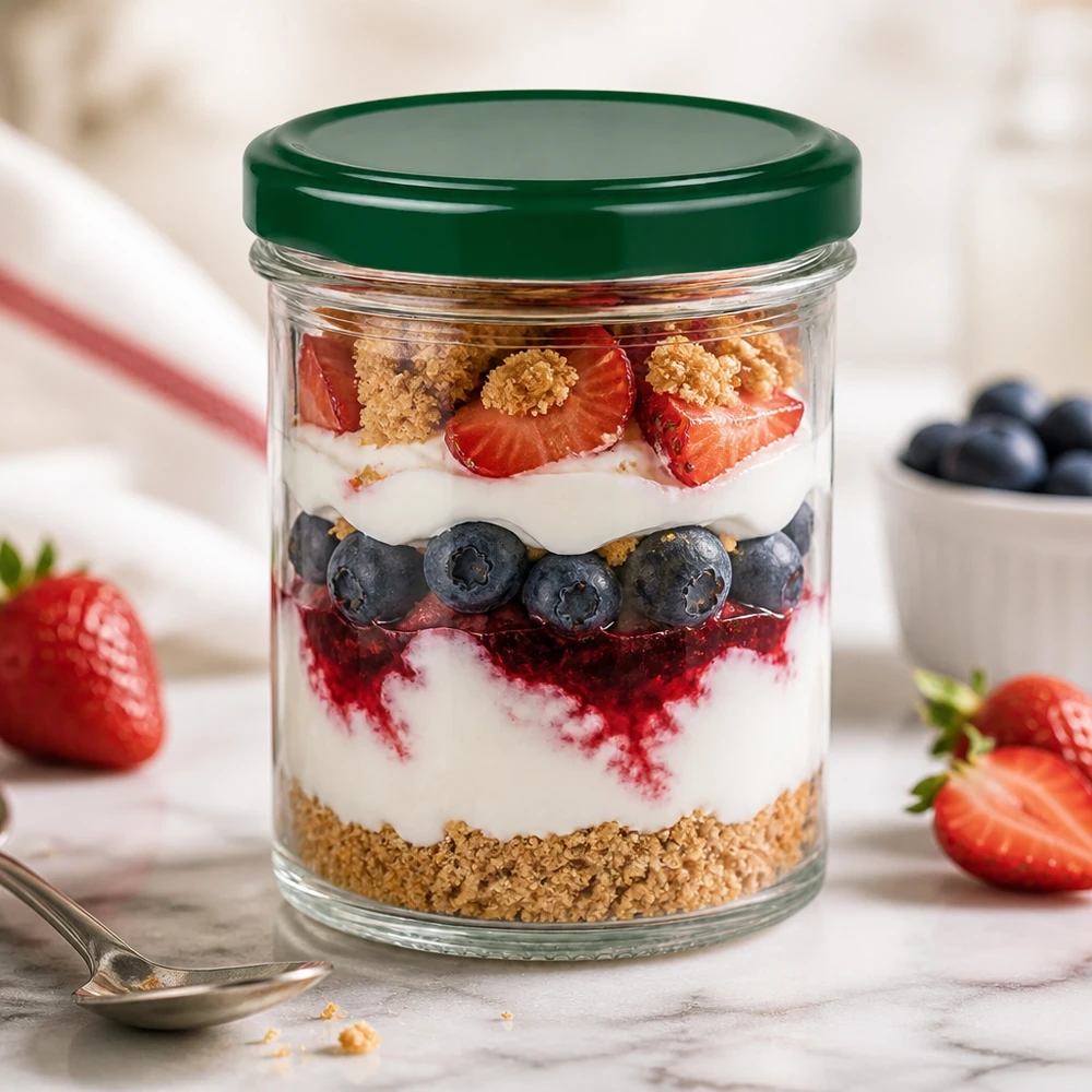Verre renversé de 350 ml UNiTWIST avec couvercle vert pour dessert en couches avec baies, yaourt et miettes de biscuits