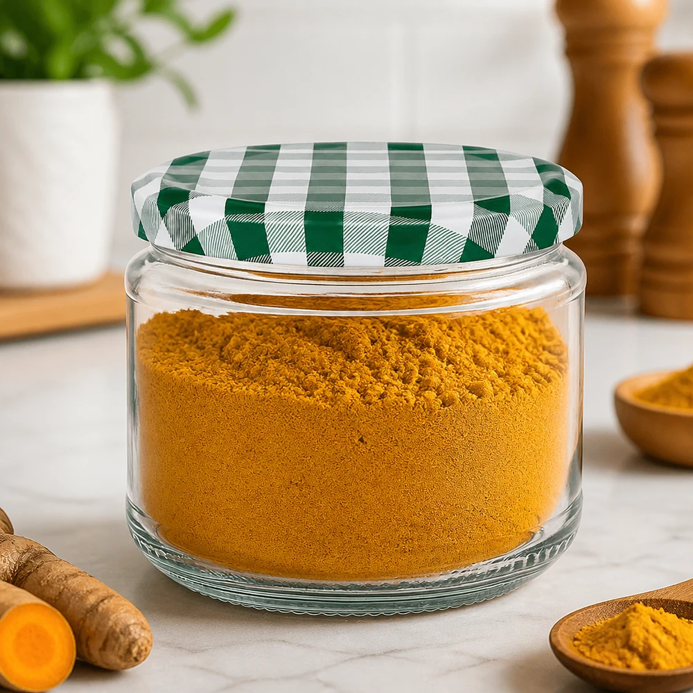 Bocal rond de 330 ml rempli de poudre de curcuma, couvercle BasicSeal vert et blanc, conservation des épices dans la cuisine