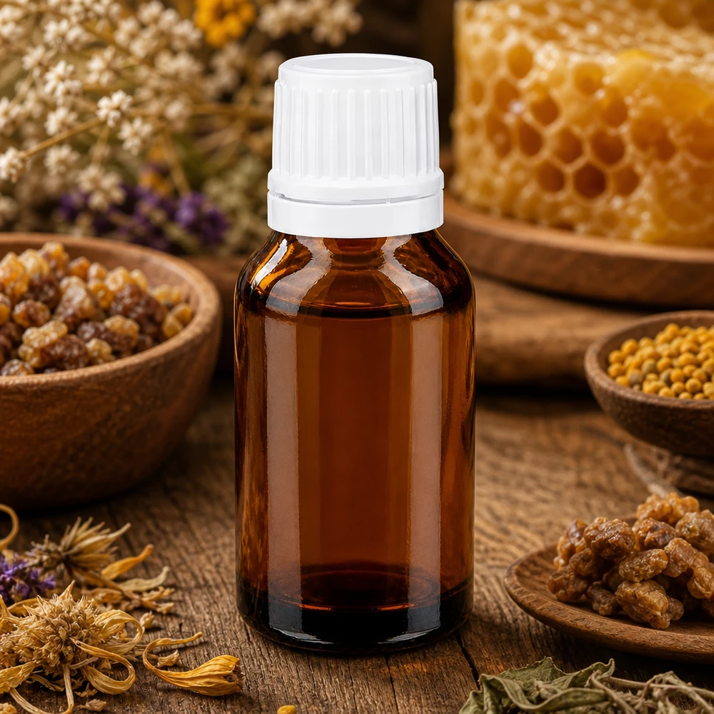 Flacon de pharmacie en verre ambré de 15 ml avec bouchon à vis blanc, orné d'un motif représentant des alvéoles d'abeille et des herbes