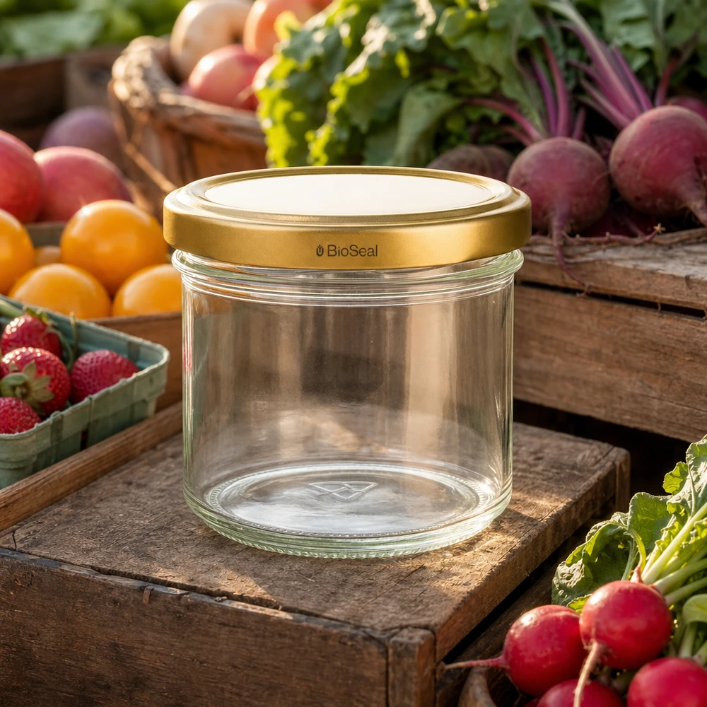 125ml Verre conique avec couvercle BioSeal or UNiTWIST UNiTWIST 125ml Einmachglas leer mit goldenem TO66 Deckel - umgeben von frischem Gemüse und Obst auf Holzbrett