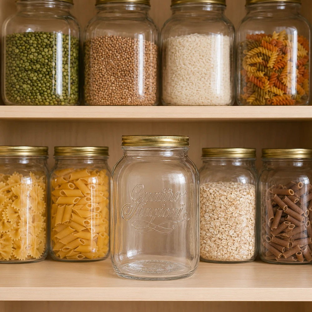 3000ml verre rond « Quattro Stagioni » avec couvercle 3000ml Quattro Stagioni bocal en verre dans un placard organisé avec des pâtes, du riz et des légumineuses montre un rangement pratique.