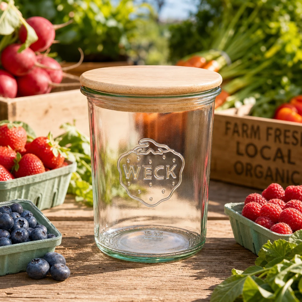 WECK Pot de conserve 160ml RR60 entre baies fraîches et légumes sur table en bois Décoration de cuisine naturelle
