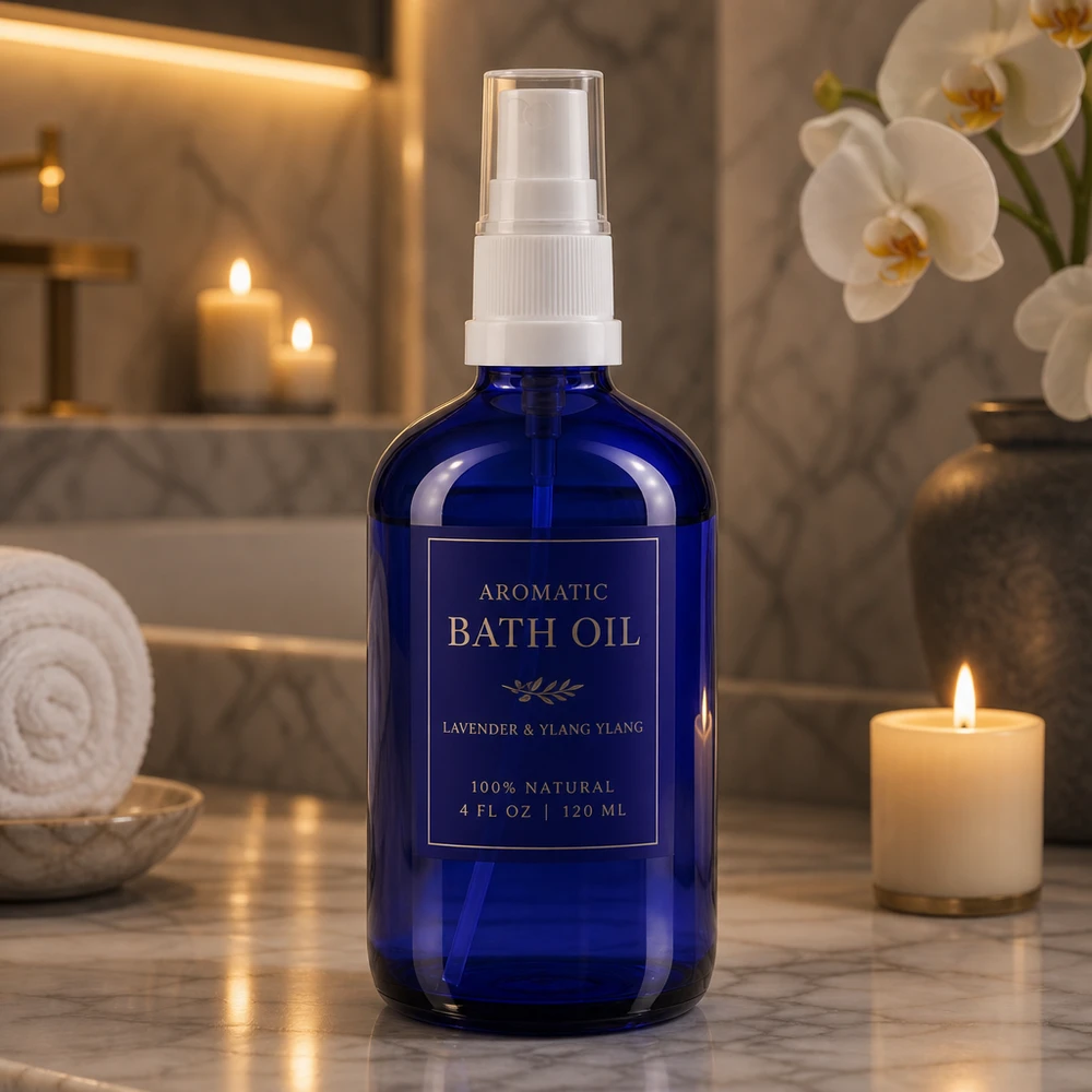 Flacon vaporisateur bleu de 100 ml en verre anti-UV, muni d'une pompe blanche, destiné aux huiles essentielles et à l'aromathérapie