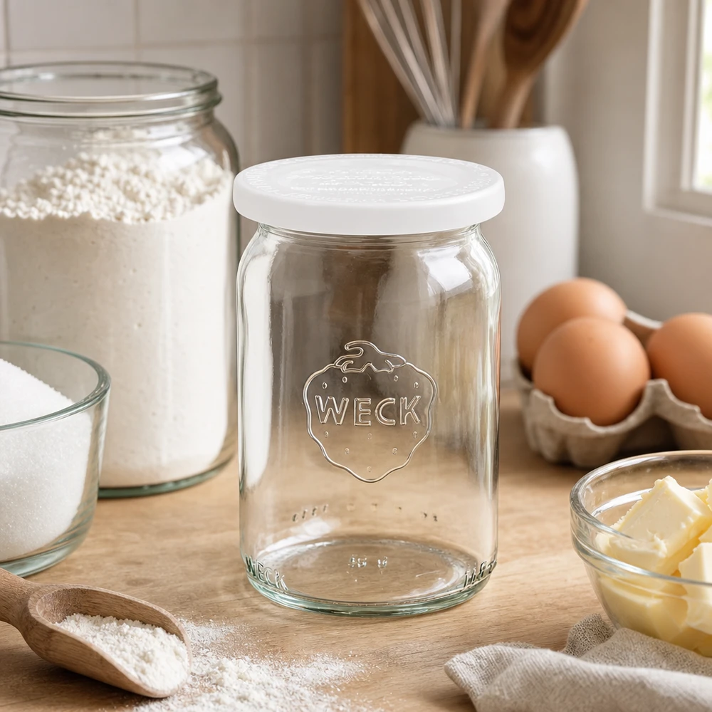 145ml bocal cylindrique avec couvercle fraîcheur WECK RR40 WECK RR40 Pot cylindrique 145ml avec couvercle blanc sur planche en bois à côté d'ingrédients de cuisson comme les œufs, la farine et le beurre