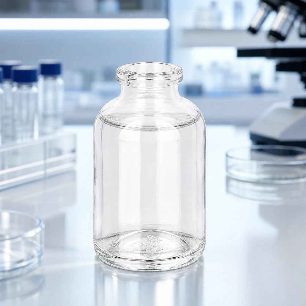 Flacon pour solution injectable, 50 ml en verre clair Kleines 50ml Laborgefäß aus Klarglas neben Petrischalen und Reagenzgläsern