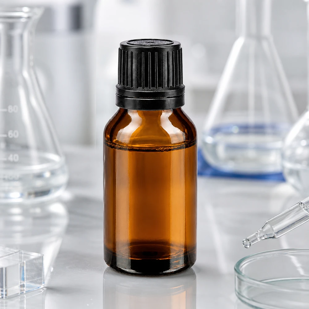 Flacon en verre ambré de 15 ml muni d'un bouchon à vis noir et d'un anneau verseur, utilisé en milieu de laboratoire