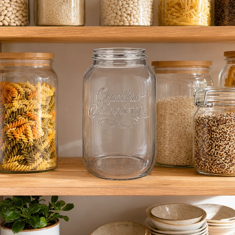 Quattro Stagioni Verre de ménage 3800ml vide dans la cuisine entre des bocaux à provisions remplis sur une étagère en bois