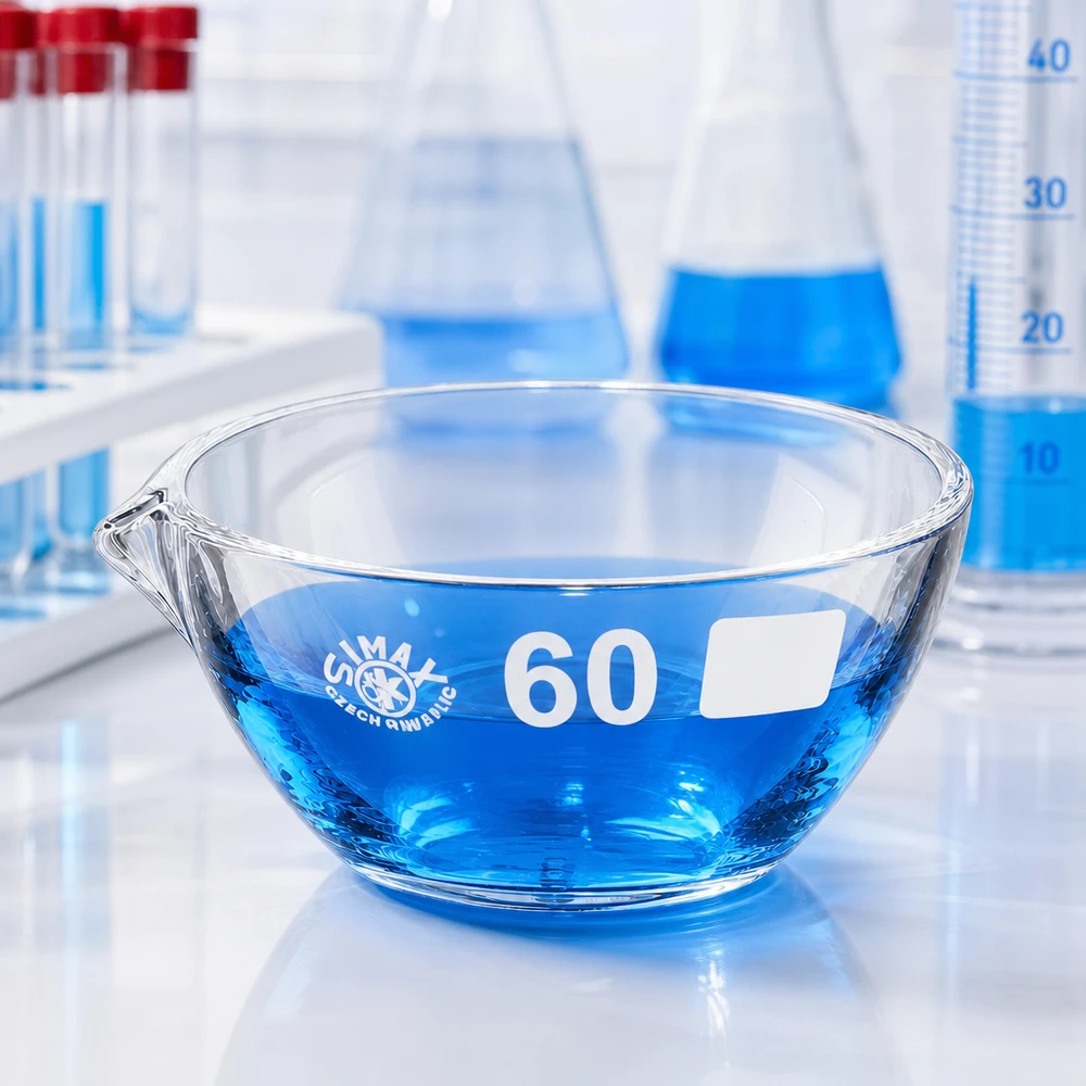 Capsule d’évaporation 45 ml en verre borosilicate, avec bec verseur Petit bol d'évaporation 45ml borosilicate ø60mm avec bec verseur pour micro-analyses en laboratoire