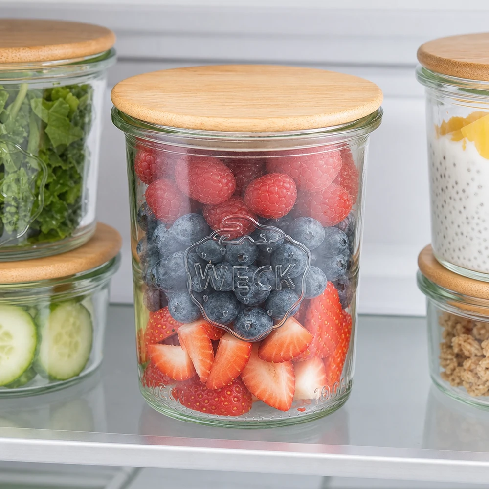 160ml bocal conique WECK RR60 avec couvercle en bois WECK Pot renversé 160ml RR60 Réfrigérateur conservation baies fraîches fruits stockage organisé couvercle en bambou