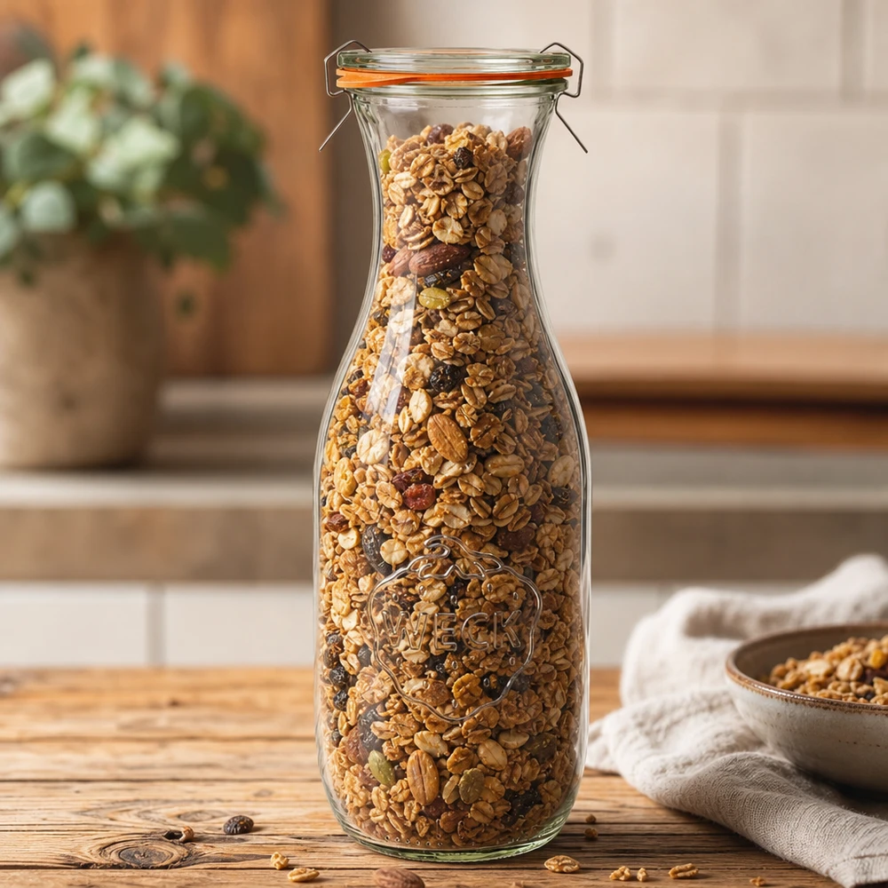 Bouteille à jus de 1062 ml, ensemble complet WECK RR60 WECK Bouteille de jus 1062ml RR60 remplie de noix de muesli présentée comme bocal de stockage dans une atmosphère de cuisine chaleureuse