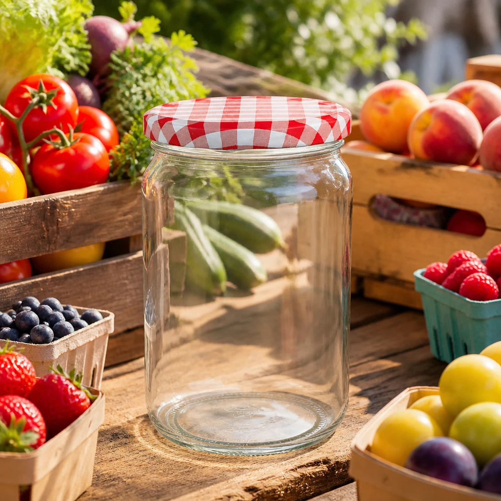 795ml Verre rond avec couvercle BasicSeal rouge/blanc UNiTWIST Bocal rond de 795 ml avec couvercle à carreaux rouges et blancs entre des fruits et légumes frais sur une table en bois dans le jardin