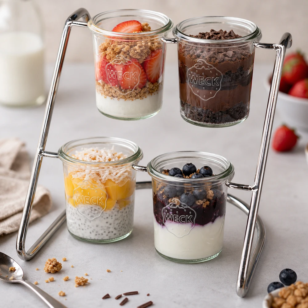 Présentoir Flato4 pour 4 bocaux WECK Support de service Flato4 avec des desserts colorés dans des verres WECK - yaourt, baies et granola présentés de manière appétissante
