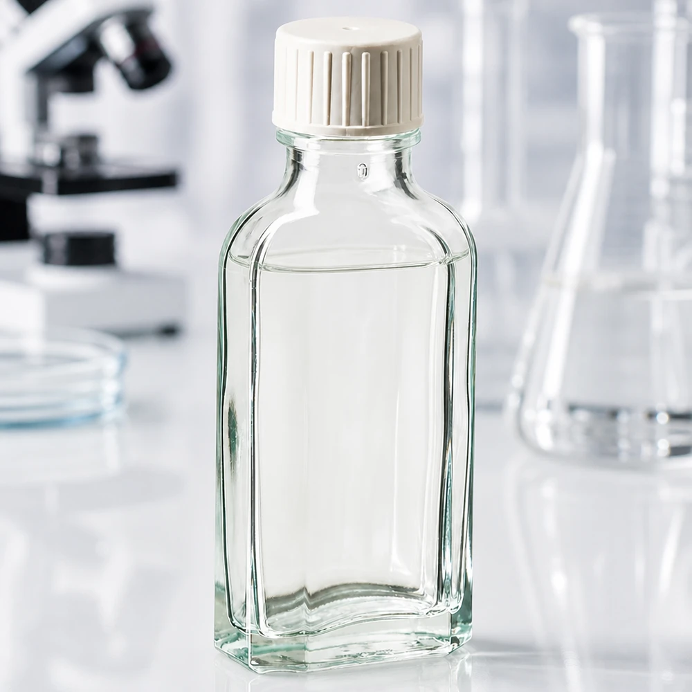 Petite bouteille rectangulaire en verre de 50 ml avec un bouchon en plastique blanc, dans un laboratoire