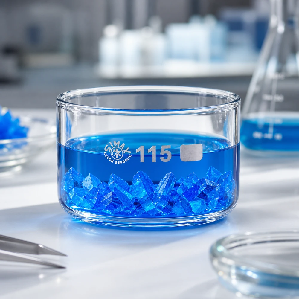 Bol cylindrique plat en verre de 500 ml contenant des cristaux bleus de sulfate de cuivre, dans un environnement de laboratoire