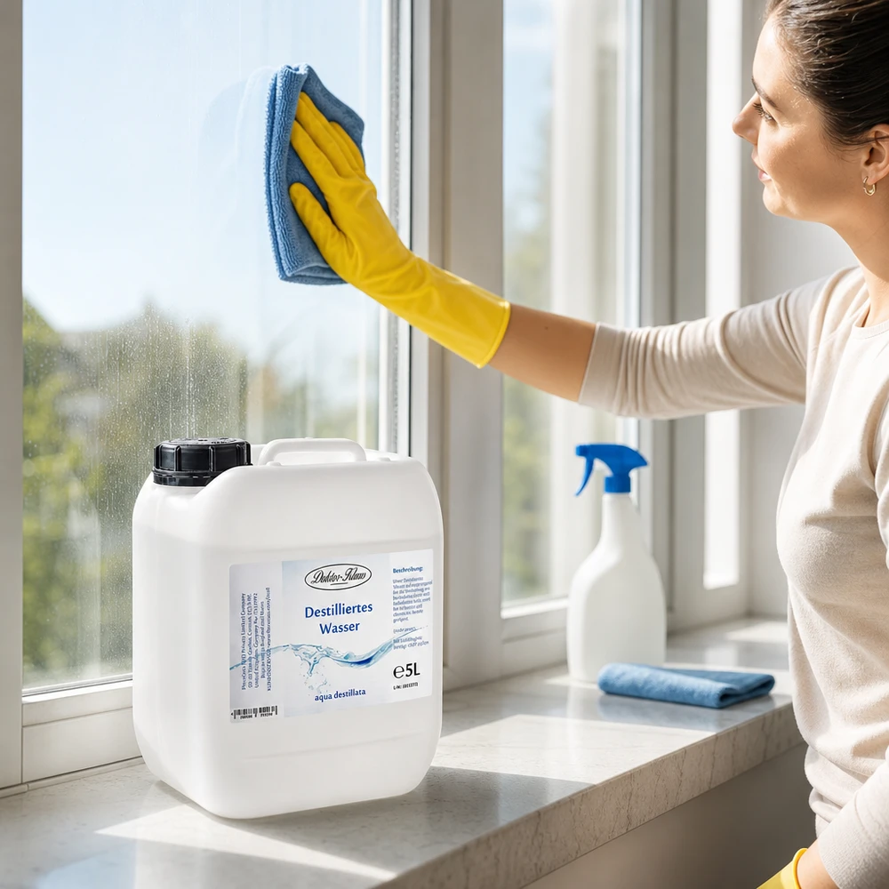 La femme nettoie les fenêtres avec l'eau distillée Doktor-Klaus 5L pour un nettoyage des vitres sans traces dans la maison