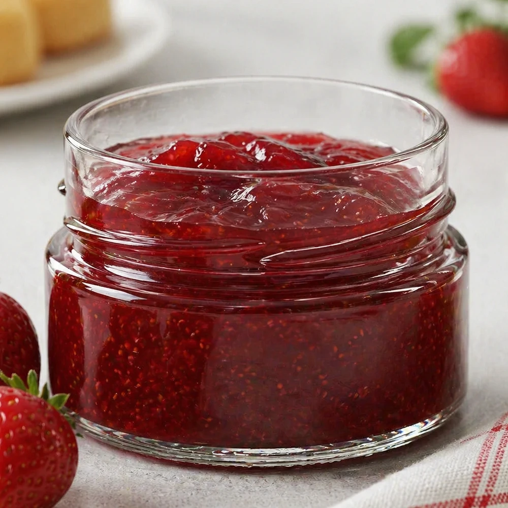 UNiTWIST Runda80 pot rond 80ml rempli de confiture de fraise rouge, TO58deep couvercle, pot à confiture en verre
